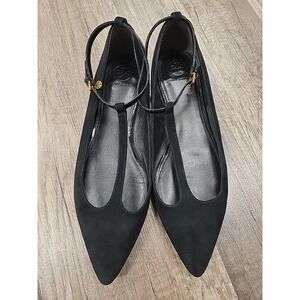 TORY BURCH Ashton T-Strap Flats Pointed Toe Blk Kid Suede/Patent Leather Shoes❤️